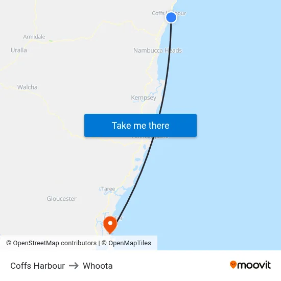 Coffs Harbour to Whoota map