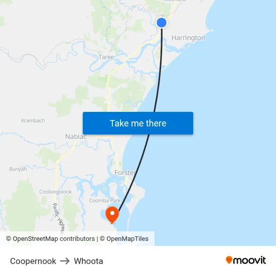 Coopernook to Whoota map