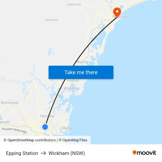 Epping Station to Wickham (NSW) map