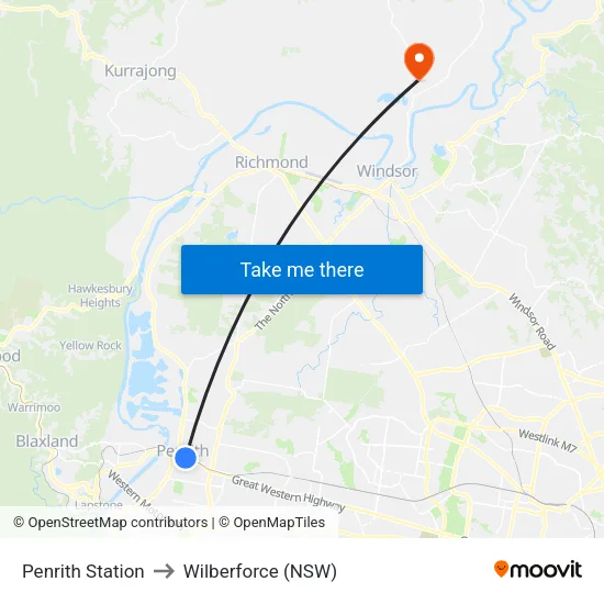 Penrith Station to Wilberforce (NSW) map