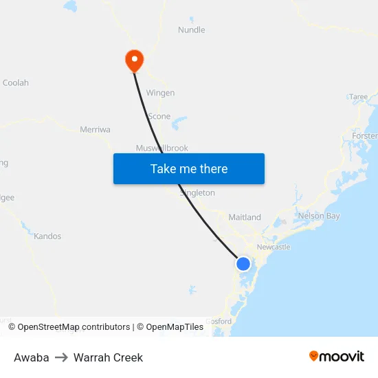 Awaba to Warrah Creek map