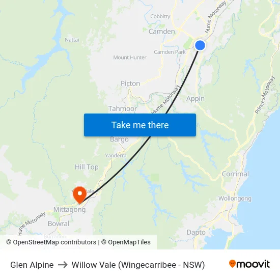 Glen Alpine to Willow Vale (Wingecarribee - NSW) map