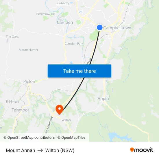 Mount Annan to Wilton (NSW) map