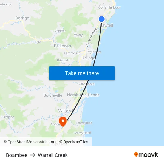 Boambee to Warrell Creek map