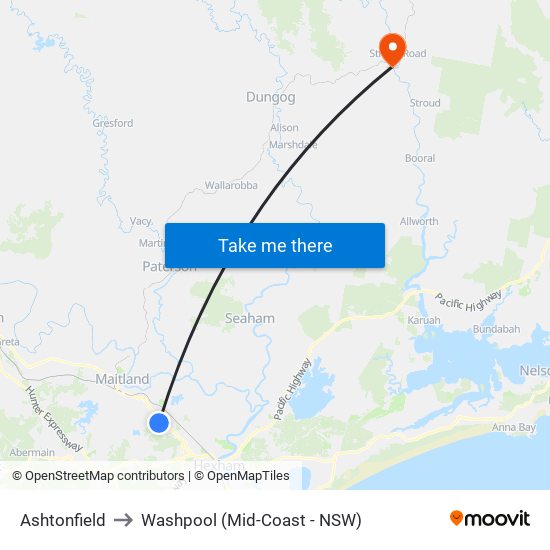 Ashtonfield to Washpool (Mid-Coast - NSW) map