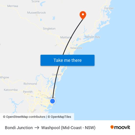 Bondi Junction to Washpool (Mid-Coast - NSW) map