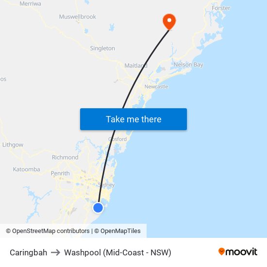 Caringbah to Washpool (Mid-Coast - NSW) map