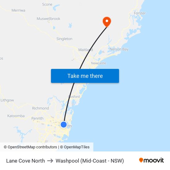 Lane Cove North to Washpool (Mid-Coast - NSW) map