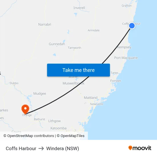 Coffs Harbour to Windera (NSW) map