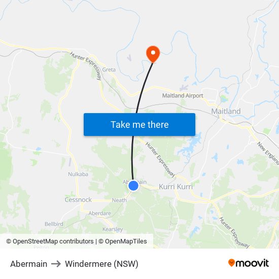 Abermain to Windermere (NSW) map