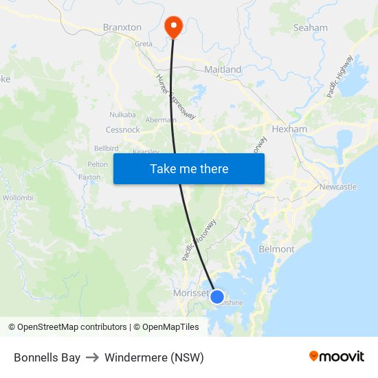 Bonnells Bay to Windermere (NSW) map