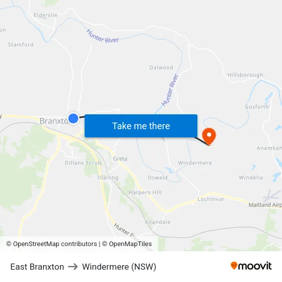 East Branxton to Windermere (NSW) map
