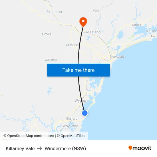 Killarney Vale to Windermere (NSW) map