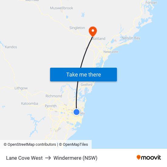 Lane Cove West to Windermere (NSW) map
