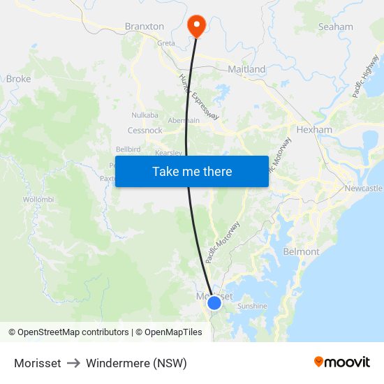 Morisset to Windermere (NSW) map
