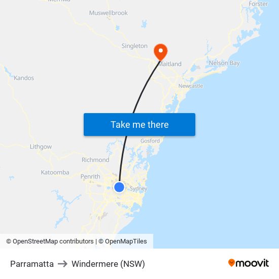 Parramatta to Windermere (NSW) map