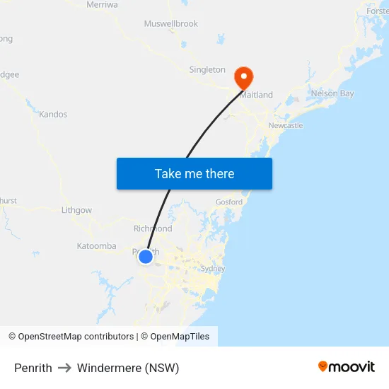 Penrith to Windermere (NSW) map