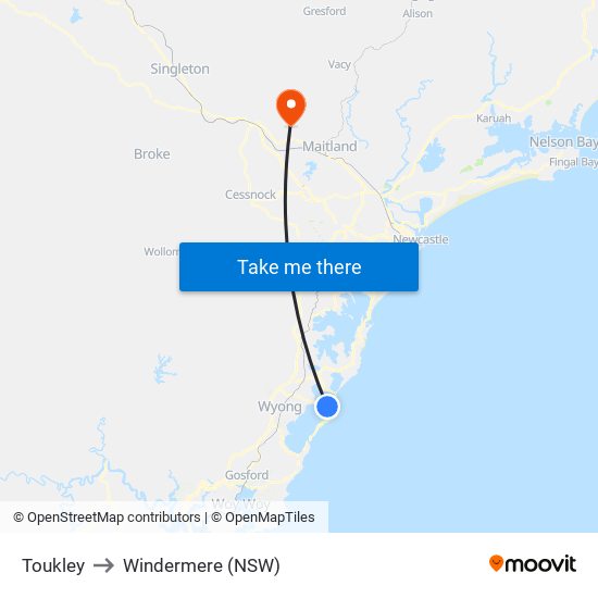 Toukley to Windermere (NSW) map