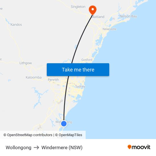 Wollongong to Windermere (NSW) map