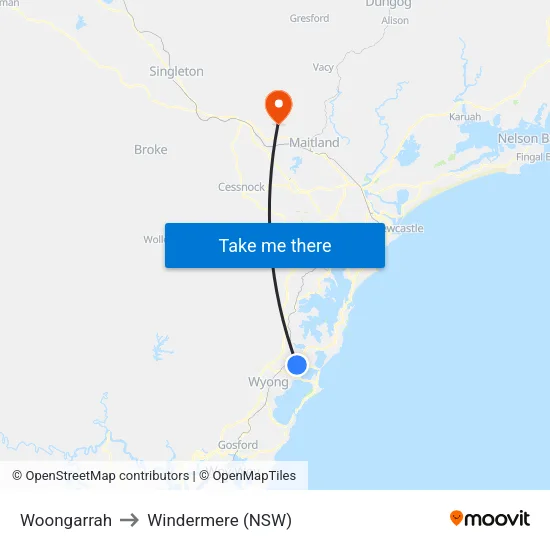 Woongarrah to Windermere (NSW) map