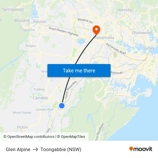 Glen Alpine to Toongabbie (NSW) map