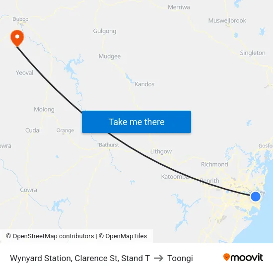 Wynyard Station, Clarence St, Stand T to Toongi map