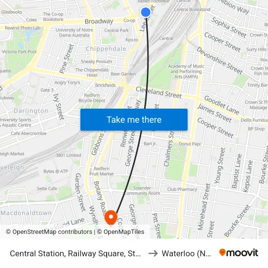 Central Station, Railway Square, Stand M to Waterloo (NSW) map