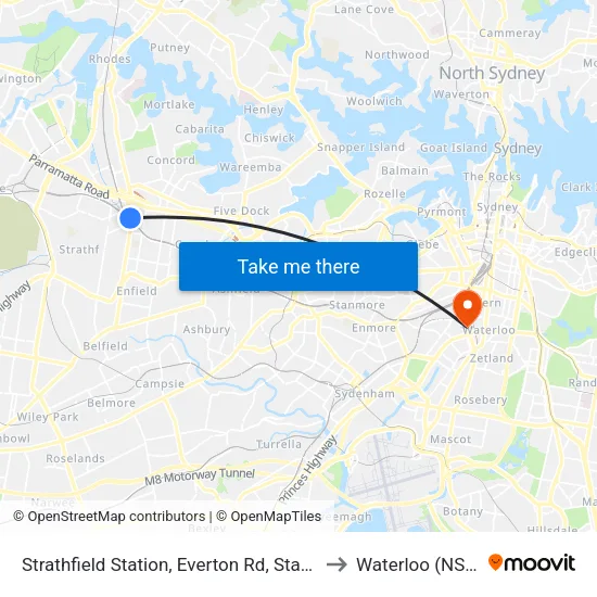Strathfield Station, Everton Rd, Stand B to Waterloo (NSW) map