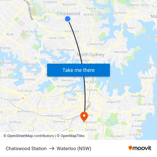 Chatswood Station to Waterloo (NSW) map