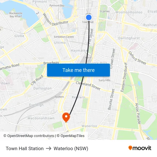 Town Hall Station to Waterloo (NSW) map