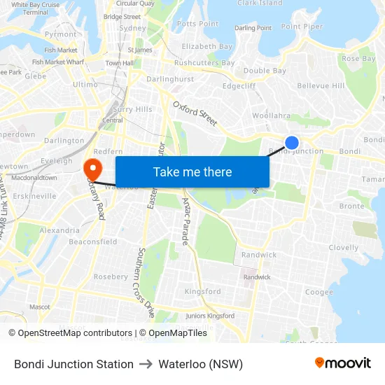 Bondi Junction Station to Waterloo (NSW) map