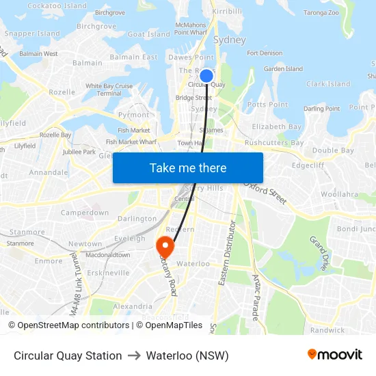 Circular Quay Station to Waterloo (NSW) map