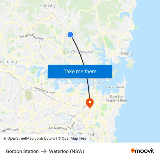 Gordon Station to Waterloo (NSW) map