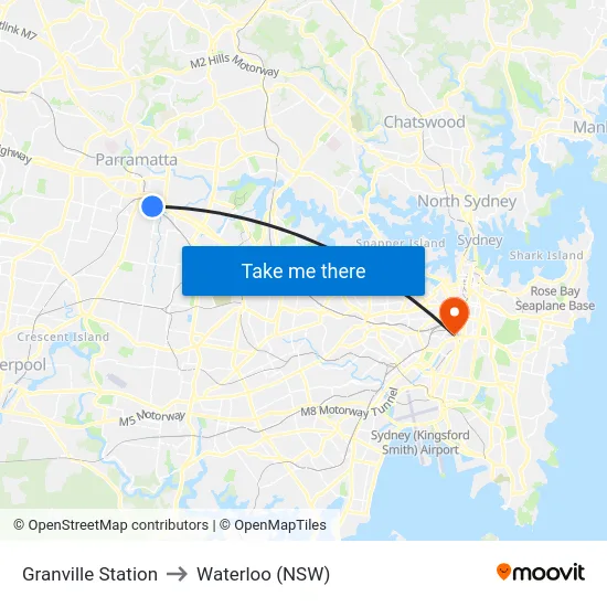 Granville Station to Waterloo (NSW) map