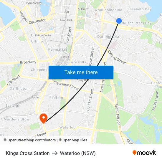 Kings Cross Station to Waterloo (NSW) map