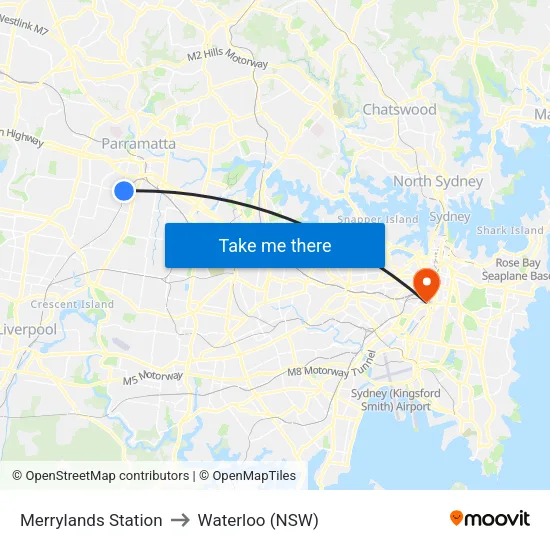 Merrylands Station to Waterloo (NSW) map