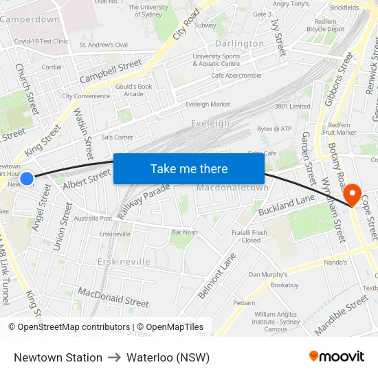 Newtown Station to Waterloo (NSW) map