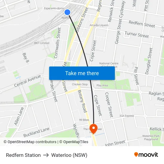 Redfern Station to Waterloo (NSW) map