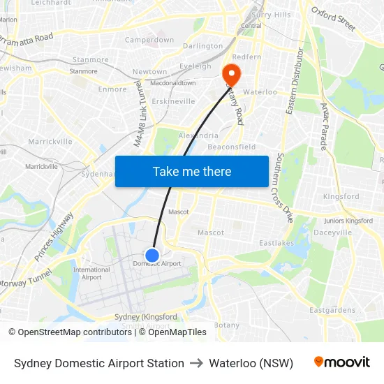 Sydney Domestic Airport Station to Waterloo (NSW) map