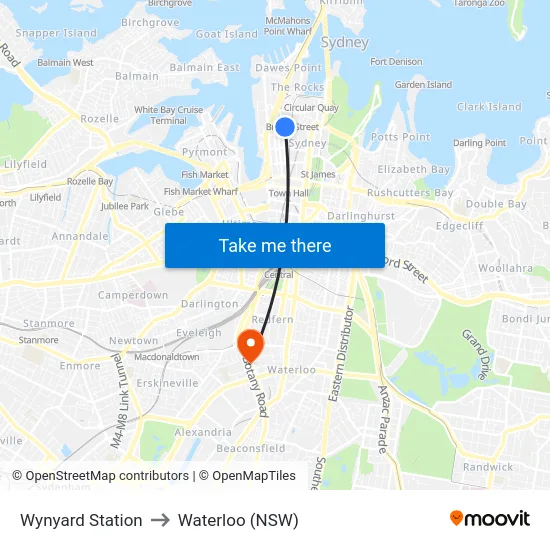 Wynyard Station to Waterloo (NSW) map