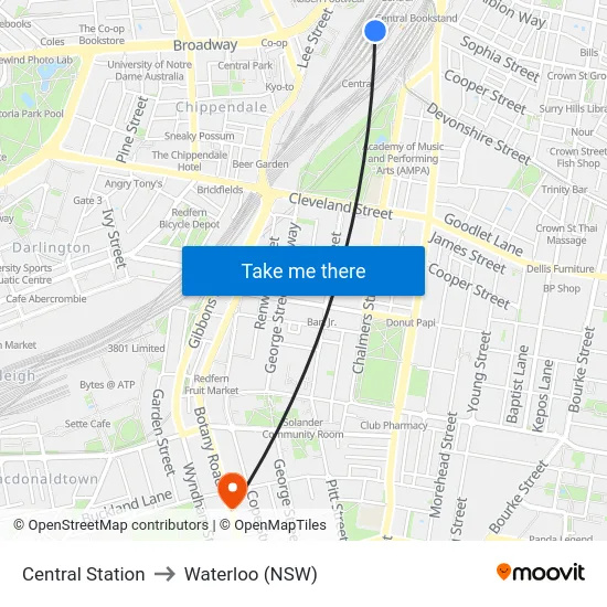 Central Station to Waterloo (NSW) map