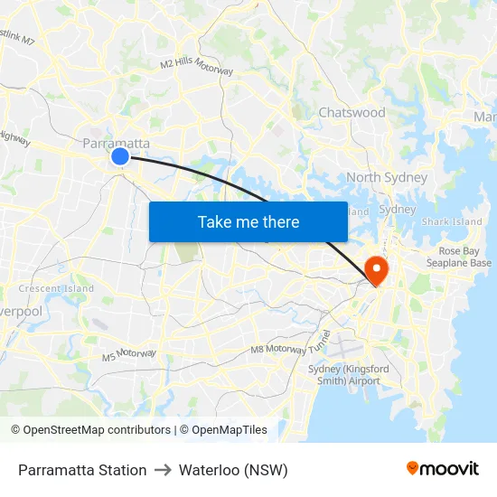 Parramatta Station to Waterloo (NSW) map