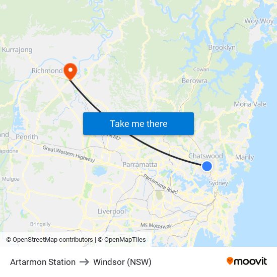 Artarmon Station to Windsor (NSW) map