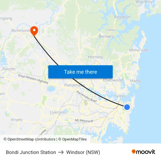 Bondi Junction Station to Windsor (NSW) map