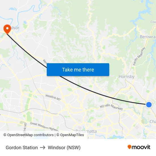 Gordon Station to Windsor (NSW) map