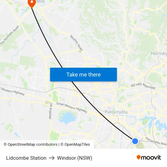 Lidcombe Station to Windsor (NSW) map