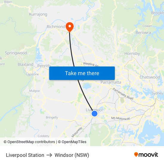 Liverpool Station to Windsor (NSW) map