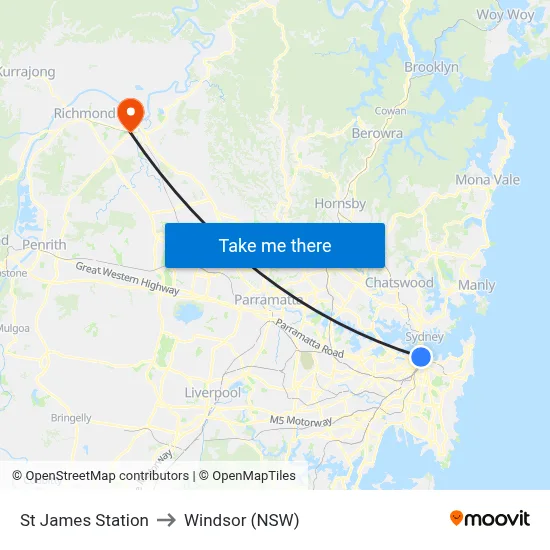 St James Station to Windsor (NSW) map