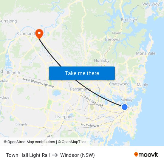 Town Hall Light Rail to Windsor (NSW) map