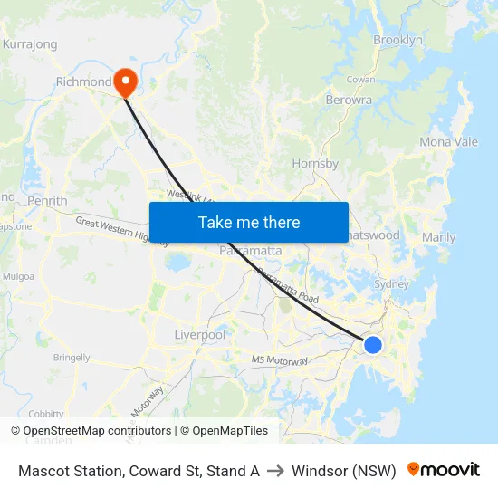 Mascot Station, Coward St, Stand A to Windsor (NSW) map